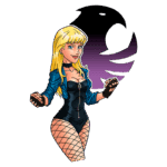 Personagem feminina com cabelos loiros e jaqueta azul, vestindo um maiô preto e luvas, em pose de ação, com fundo estilizado apresentando uma silhueta de ave.