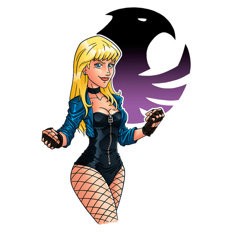 Personagem feminina com cabelos loiros e jaqueta azul, vestindo um maiô preto e luvas, em pose de ação, com fundo estilizado apresentando uma silhueta de ave.