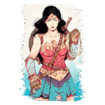 Ilustração da Mulher-Maravilha, super-heroína da DC Comics, vestindo seu icônico traje vermelho e azul, segurando a Lasso da Verdade e com uma expressão determinada. O fundo apresenta cores suaves que destacam a figura.
