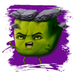Personagem animado de um vegetal verde com expressão determinada, quebrando rochas acima da cabeça, em um fundo roxo vibrante. Ideal para temas de superação e força.