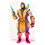 Personagem de ninja em estilo colorido, vestido com um traje tradicional em tons de amarelo e laranja, segurando uma arma com lâmina afiada. Ele exibe acessórios como garfos e adagas, com um fundo claro. Ideal para fãs de artes marciais e cultura pop.
