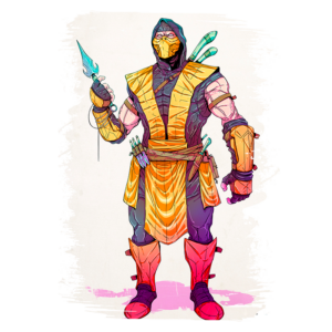 Personagem de ninja em estilo colorido, vestido com um traje tradicional em tons de amarelo e laranja, segurando uma arma com lâmina afiada. Ele exibe acessórios como garfos e adagas, com um fundo claro. Ideal para fãs de artes marciais e cultura pop.