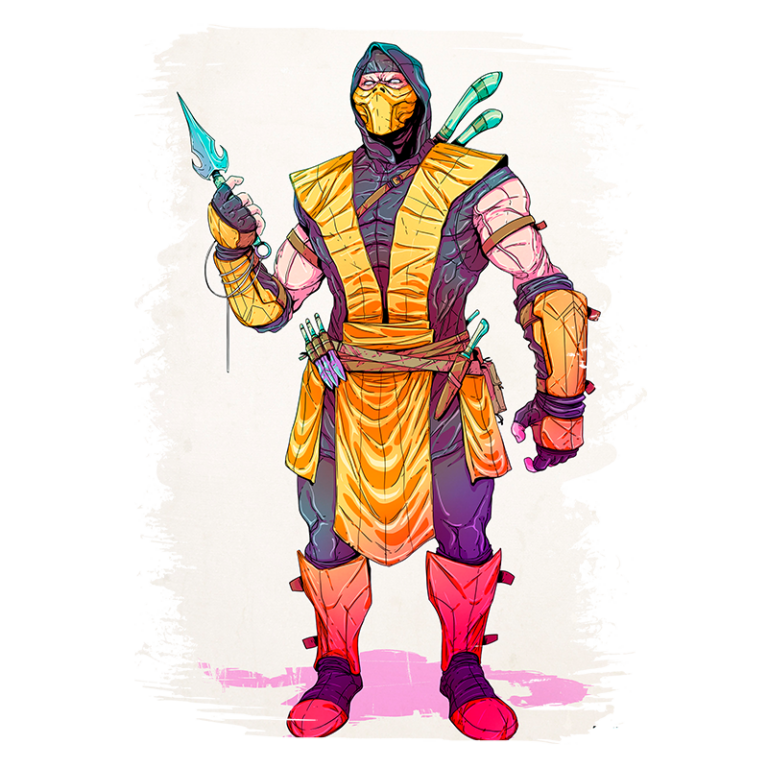 Personagem de ninja em estilo colorido, vestido com um traje tradicional em tons de amarelo e laranja, segurando uma arma com lâmina afiada. Ele exibe acessórios como garfos e adagas, com um fundo claro. Ideal para fãs de artes marciais e cultura pop.
