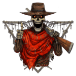 Esqueleto com chapéu e bandana vermelha, segurando um rifle e apresentando um sorriso sinistro, retratado em estilo de arte ilustração, com elementos de faroeste ao fundo.