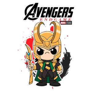 Desenho do personagem Loki, vestido com armadura dourada e capa verde, segurando um bastão, com fundo inspirado em "Avengers: Endgame".