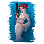 Personagem feminina icônica com cabelo em coque, vestindo um vestido branco e segurando uma arma, em um fundo azul vibrante.
