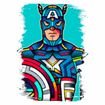 Ilustração colorida do Capitão América, destacando seu escudo icônico e traje estilizado, em um fundo azul vibrante.
