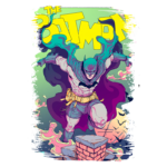 Imagem ilustrativa do personagem Batman, com destaque para sua pose de salto sobre telhados, utilizando um traje icônico em tons de preto e azul. O fundo apresenta uma paleta de cores vibrantes, incluindo verde e roxo, com o título "THE BATMAN" em letras grandes e chamativas.