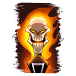 Ilustração de um esqueleto com expressão maliciosa, cercado por chamas laranjas e amarelas, destacando um fundo escuro. A arte exibe um estilo de desenho animado, com ênfase em detalhes como os olhos brilhantes e a boca sorridente do crânio.