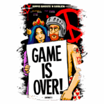 Ilustração do jogo "Hippie Ghosts 'n Goblins" com dois personagens segurando um cartaz que diz "GAME IS OVER!". O homem usa um capacete e tem uma barba ruiva, enquanto a mulher usa uma coroa e possui cabelos longos. O fundo apresenta elementos gráficos vibrantes e referências ao tema de paz.