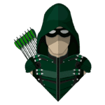 Ilustração de personagem herói vestido com capuz verde e máscara, equipado com arco e flechas. O traje apresenta detalhes em preto e verde, destacando um visual moderno e enigmático. Ideal para temas relacionados a quadrinhos e super-heróis.