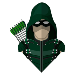 Ilustração de personagem herói vestido com capuz verde e máscara, equipado com arco e flechas. O traje apresenta detalhes em preto e verde, destacando um visual moderno e enigmático. Ideal para temas relacionados a quadrinhos e super-heróis.