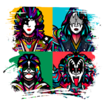 Ilustração colorida de quatro rostos estilizados de membros da banda Kiss, com detalhes vibrantes e elementos gráficos distintos, retratando cada personagem em um fundo de cores diferentes.