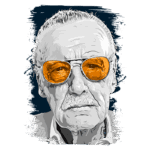 Retrato artístico de um homem idoso usando óculos escuros laranja, com cabelo grisalho e expressão reflexiva, sobre fundo azul escuro. Ideal para ilustrar temas de criatividade, cultura pop e histórias em quadrinhos.