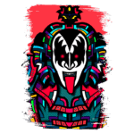 Ilustração colorida de um personagem inspirado em uma figura icônica do rock, com pintura facial em preto e branco, olhos vermelhos e língua de fora, cercado por elementos geométricos vibrantes em um fundo vermelho.