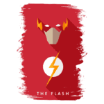 Ilustração minimalista do super-herói The Flash, destacando seu rosto e o símbolo de um raio em um fundo vermelho.