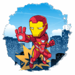 Iron Man em uma ilustração animada, voando sobre uma cidade com explosão ao fundo. Ele está vestindo sua armadura vermelha e dourada, com uma expressão determinada e a mão esquerda levantada, pronto para agir. Ideal para temas relacionados a heróis, quadrinhos e cultura pop.