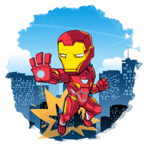 Iron Man em uma ilustração animada, voando sobre uma cidade com explosão ao fundo. Ele está vestindo sua armadura vermelha e dourada, com uma expressão determinada e a mão esquerda levantada, pronto para agir. Ideal para temas relacionados a heróis, quadrinhos e cultura pop.