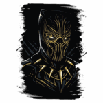Ilustração do personagem Pantera Negra, destacando seu traje preto com detalhes em dourado e a máscara icônica.