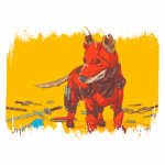 Cachorro vestido com um traje vermelho, posando em meio a ferramentas e objetos de trabalho em um fundo amarelo vibrante.