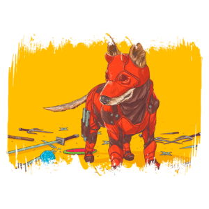 Cachorro vestido com um traje vermelho, posando em meio a ferramentas e objetos de trabalho em um fundo amarelo vibrante.