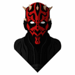 Imagem estilizada de um personagem com máscara vermelha e preta, apresentando chifres e olhos brancos, vestido com um manto escuro. Representa um vilão icônico da franquia Star Wars.