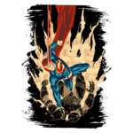 Super-herói em ação, vestido com um traje azul, vermelho e amarelo, lutando contra um vilão mecânico em meio a uma explosão de fogo. A arte é vibrante e captura a energia de uma cena de batalha épica. Ideal para entusiastas de quadrinhos e cultura pop.