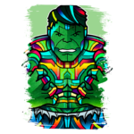 Ilustração artística do Hulk em estilo vibrante e colorido, com detalhes geométricos e elementos gráficos, enfatizando sua força e intensidade. Ideal para temas relacionados a super-heróis e cultura pop.