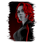 Ilustração digital da personagem feminina com cabelo vermelho e traje preto, destacando um olhar forte e determinado, com fundo em tons escuros e detalhes gráficos em vermelho.