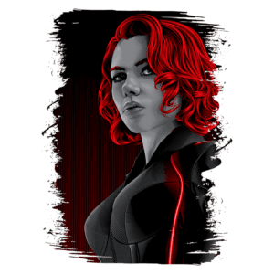 Ilustração digital da personagem feminina com cabelo vermelho e traje preto, destacando um olhar forte e determinado, com fundo em tons escuros e detalhes gráficos em vermelho.