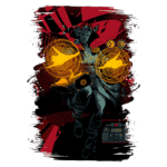 Ilustração de personagem com poderes mágicos, segurando um livro e esferas douradas, em um fundo vermelho e preto. A imagem destaca elementos místicos e uma construção ao fundo, evocando um ambiente de aventura e fantasia.