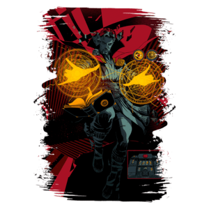 Ilustração de personagem com poderes mágicos, segurando um livro e esferas douradas, em um fundo vermelho e preto. A imagem destaca elementos místicos e uma construção ao fundo, evocando um ambiente de aventura e fantasia.