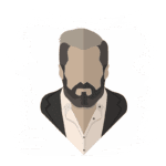 Imagem estilizada de um homem com cabelo grisalho e barba, vestindo um paletó escuro e camisa clara, em um fundo com manchas de tinta. Ideal para temas de moda masculina ou ilustrações de estilo.