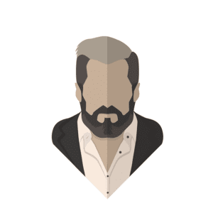 Imagem estilizada de um homem com cabelo grisalho e barba, vestindo um paletó escuro e camisa clara, em um fundo com manchas de tinta. Ideal para temas de moda masculina ou ilustrações de estilo.