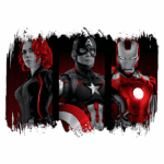 Imagem ilustrativa de super-heróis com a Viúva Negra, Capitão América e Homem de Ferro, destacando seus trajes icônicos em um fundo vermelho e preto.