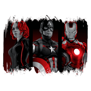Imagem ilustrativa de super-heróis com a Viúva Negra, Capitão América e Homem de Ferro, destacando seus trajes icônicos em um fundo vermelho e preto.