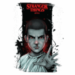Ilustração de Eleven, personagem principal de Stranger Things, em um fundo sombrio com cores vibrantes. A personagem, com expressão intensa, estende a mão em um gesto poderoso, refletindo suas habilidades psíquicas. O logo de Stranger Things e o texto "Netflix" estão visíveis no topo da imagem.
