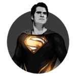Ilustração de um super-herói masculino com traje preto e detalhes em dourado, destacando o símbolo do Superman no peito, com expressão confiante e olhar determinado. Fundo circular em tons escuros.