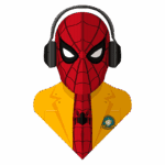 Ilustração do Homem-Aranha usando fones de ouvido, vestido com um terno amarelo e gravata vermelha, com um emblema em destaque.