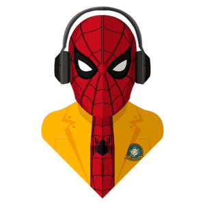 Ilustração do Homem-Aranha usando fones de ouvido, vestido com um terno amarelo e gravata vermelha, com um emblema em destaque.