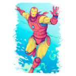 Homem de Ferro voando em um céu azul com nuvens, usando uma armadura colorida vermelha e amarela, destacando seu reactor arc no peito.