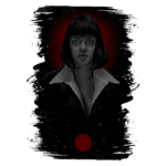 Ilustração estilizada de uma mulher com cabelo curto e liso, vestindo uma blusa preta com colarinho branco, contra um fundo escuro com um brilho vermelho ao redor da cabeça. A imagem transmite uma sensação de mistério e intensidade.