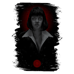 Ilustração estilizada de uma mulher com cabelo curto e liso, vestindo uma blusa preta com colarinho branco, contra um fundo escuro com um brilho vermelho ao redor da cabeça. A imagem transmite uma sensação de mistério e intensidade.