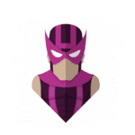 Imagem estilizada de um super-herói com traje roxo e máscara, representando um personagem de quadrinhos. O herói está de frente, destacando os detalhes do uniforme e a expressão determinada.
