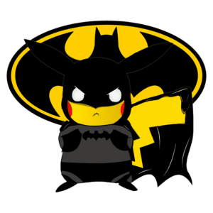 Pikachu vestido de Batman, com uma capa negra e logo do Batman ao fundo, expressando uma pose de bravura.