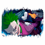 Joker sendo ameaçado por Pato Louco, que segura uma arma. Ilustração colorida com detalhes em azul e preto, retratando uma cena de antagonismo entre os dois personagens.