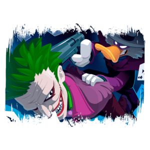 Joker sendo ameaçado por Pato Louco, que segura uma arma. Ilustração colorida com detalhes em azul e preto, retratando uma cena de antagonismo entre os dois personagens.