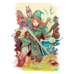 Personagem de fantasia em ação, vestido com tunica verde e segurando uma espada, com arco e flechas nas costas. Elementos sombrios ao fundo, sugerindo um ambiente de aventura e combate. Estilo artístico vibrante e detalhado.