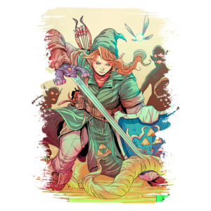 Personagem de fantasia em ação, vestido com tunica verde e segurando uma espada, com arco e flechas nas costas. Elementos sombrios ao fundo, sugerindo um ambiente de aventura e combate. Estilo artístico vibrante e detalhado.