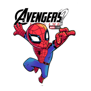 Desenho animado do Homem-Aranha em pose dinâmica, com o logotipo de "Avengers: Endgame" da Marvel Studios ao fundo.